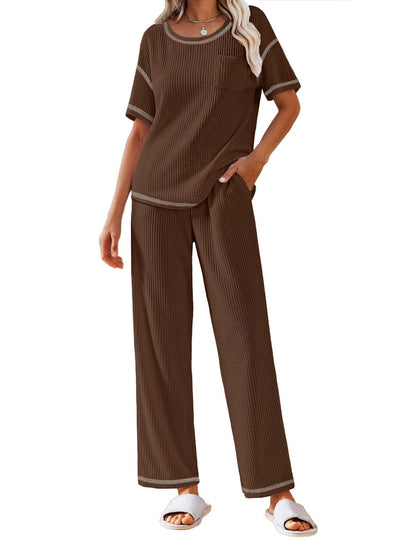 Ekouaer 2 Piece Summer Waffle Knit Lounge Sets For Women Short Sleeve Top and Long Pant Pajama Set Loungewear Pjs Set