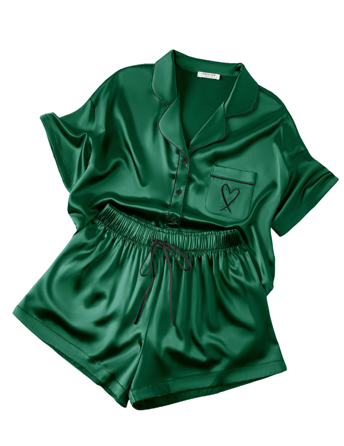 Ekouaer Womens Silk Satin Pajama Set, 2 Piece Heart Embroidery Short Sleeve Button Down Pjs Set for Bridal Party