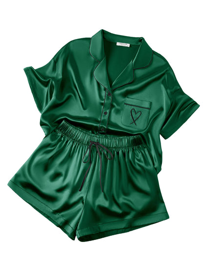 Ekouaer Womens Silk Satin Pajama Set, 2 Piece Heart Embroidery Short Sleeve Button Down Pjs Set for Bridal Party
