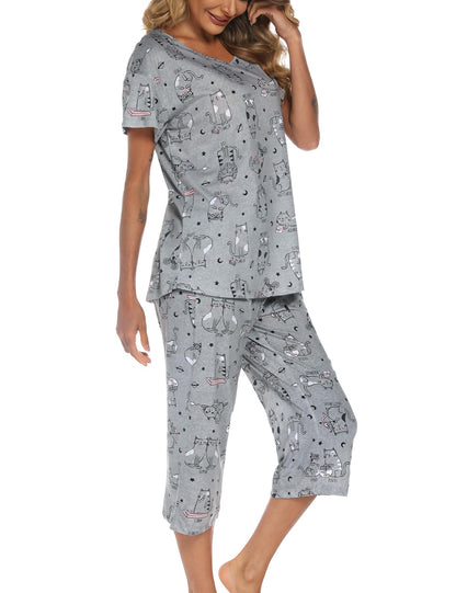 ENJOYNIGHT Womens Pajama Set Cotton Short Sleeve Top With Capri Pants Pj
