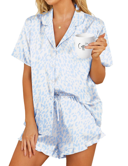 HOTOUCH Womens Satin Pajamas Set Button Down 2 Piece Ruffle Shorts Set