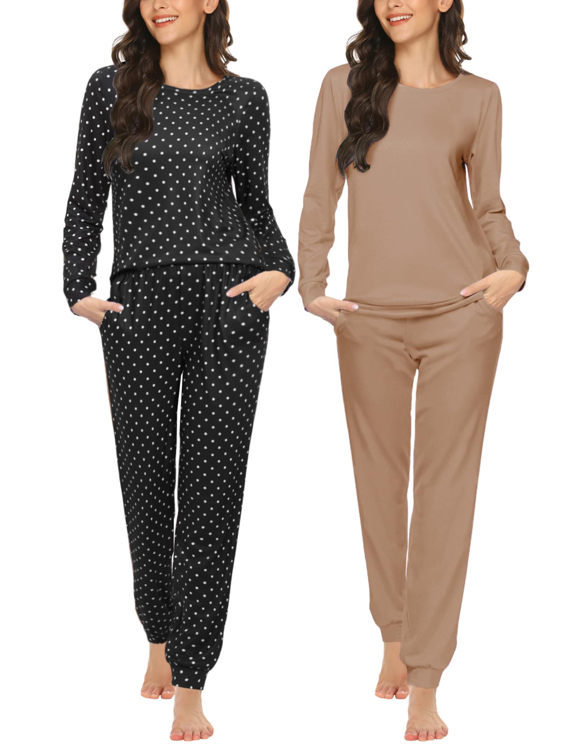 Ekouaer 2 Pack Pajama Sets for Women,Long Sleeve Top Jogger Pant Loungewear