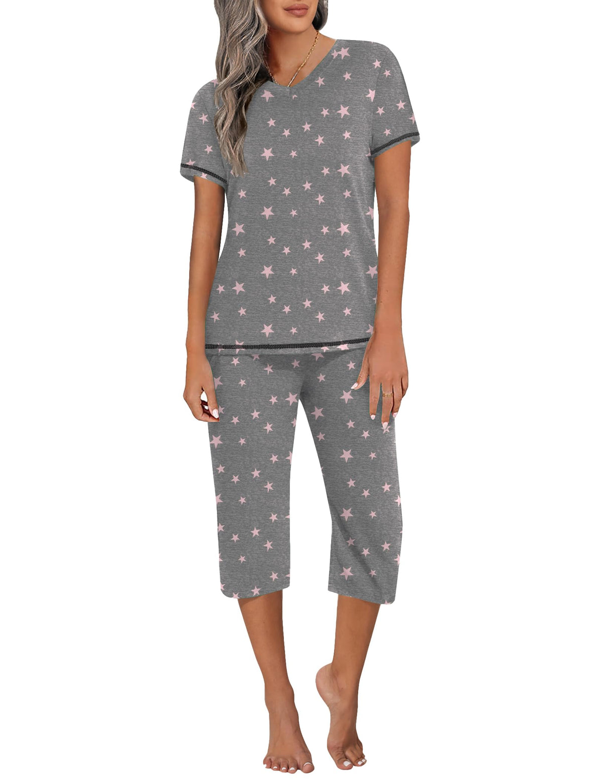 Ekouaer Women's Capri Pajama Sets Short Sleeve Two Piece Summer Lounge Sets