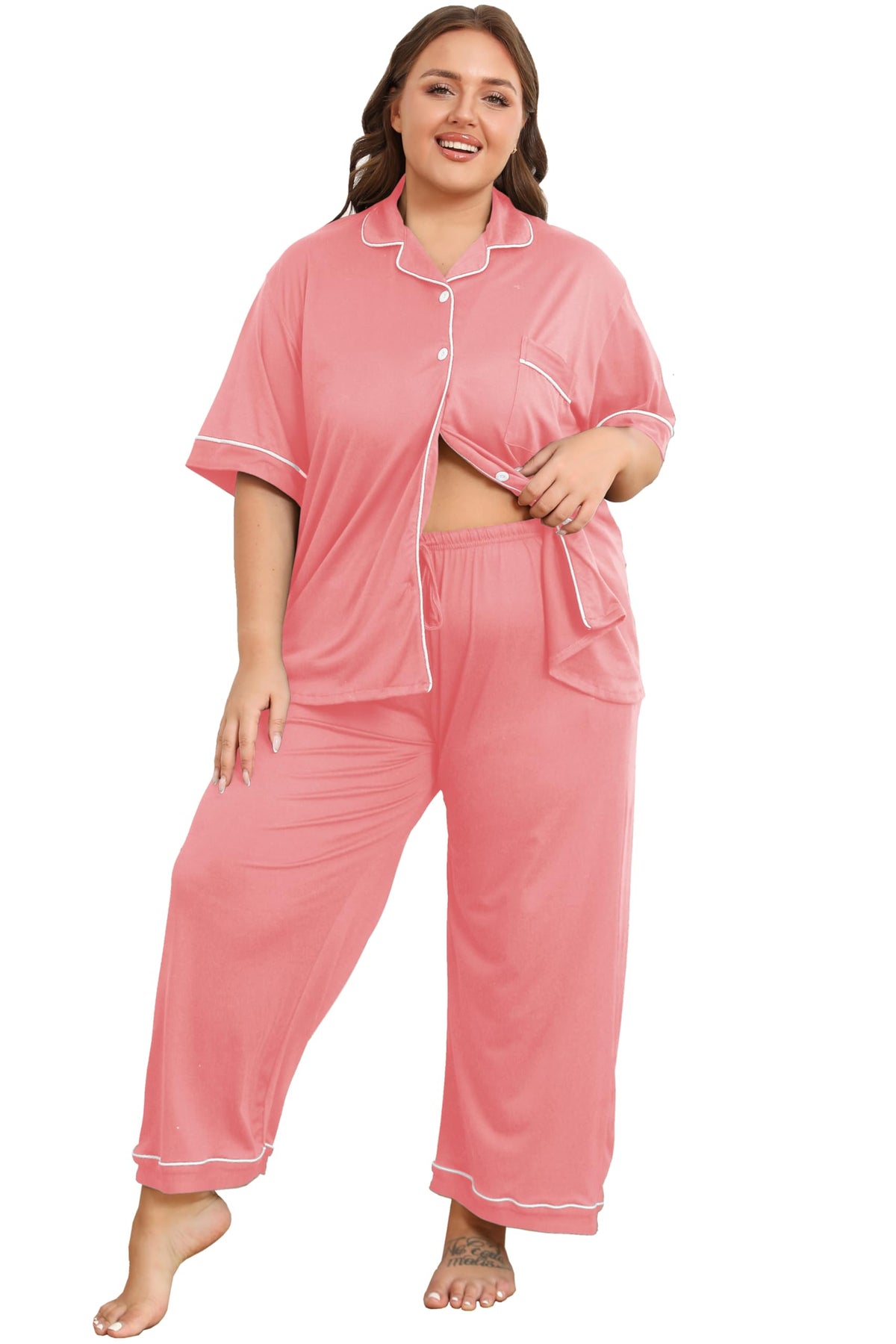 Vozanet Women's Plus Size Pajamas Button Down Shirt and Pants Soft Lounge Sets Bride Nighty Bottom with Pockets 1x to 5x