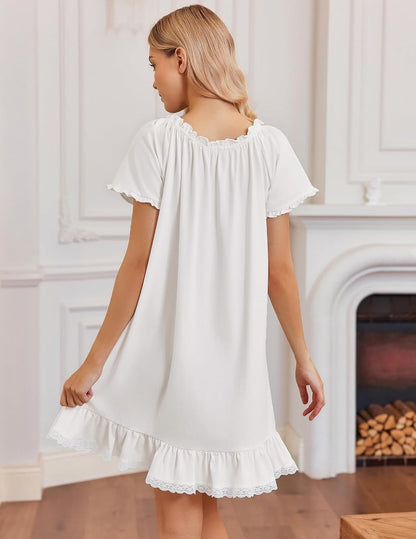 Ekouaer Cotton Nightgowns for Women Short Sleeve Victorian Night Gowns
