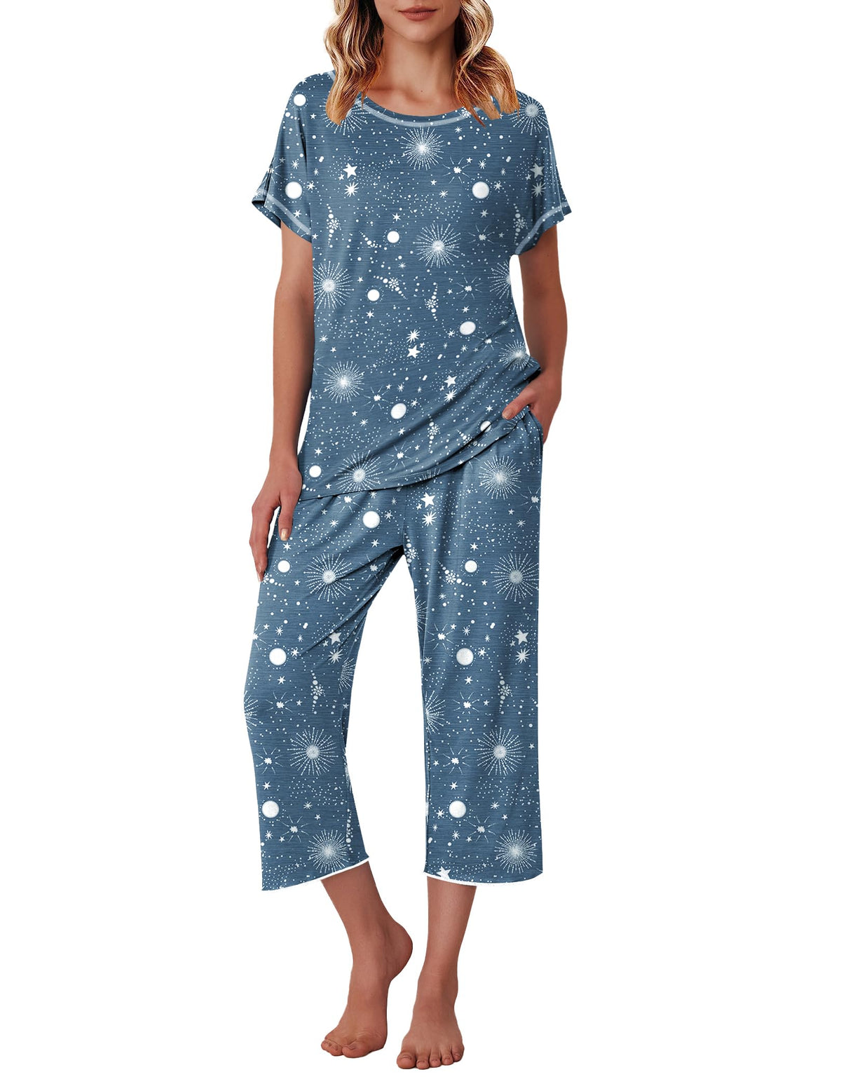 Ekouaer Womens Capri Pajama Sets Print Short Sleeve Sleepwear Top and Pants