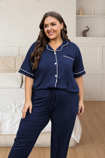 Vozanet Women's Plus Size Pajamas Button Down Shirt and Pants Soft Lounge Sets Bride Nighty Bottom with Pockets 1x to 5x