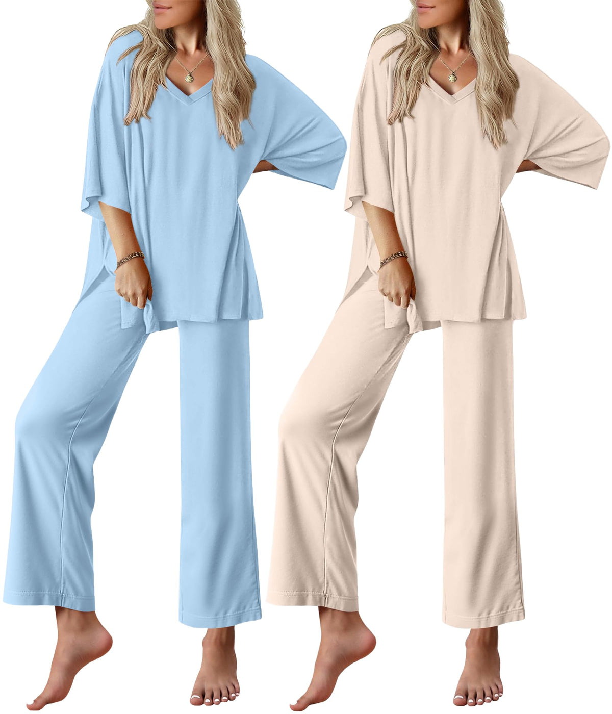 Ekouaer 2 Packs Lounge Set for Women Short Sleeve Pajamas Top and Long Pant
