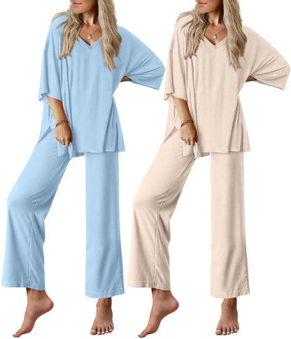 Ekouaer 2 Packs Lounge Set for Women Short Sleeve Pajamas Top and Long Pant
