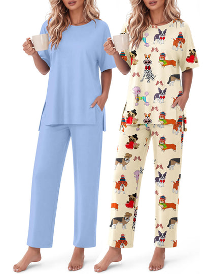 Ekouaer Women's Lounge Sets Short Sleeve Top Long Pants 2 Piece Outfit Set