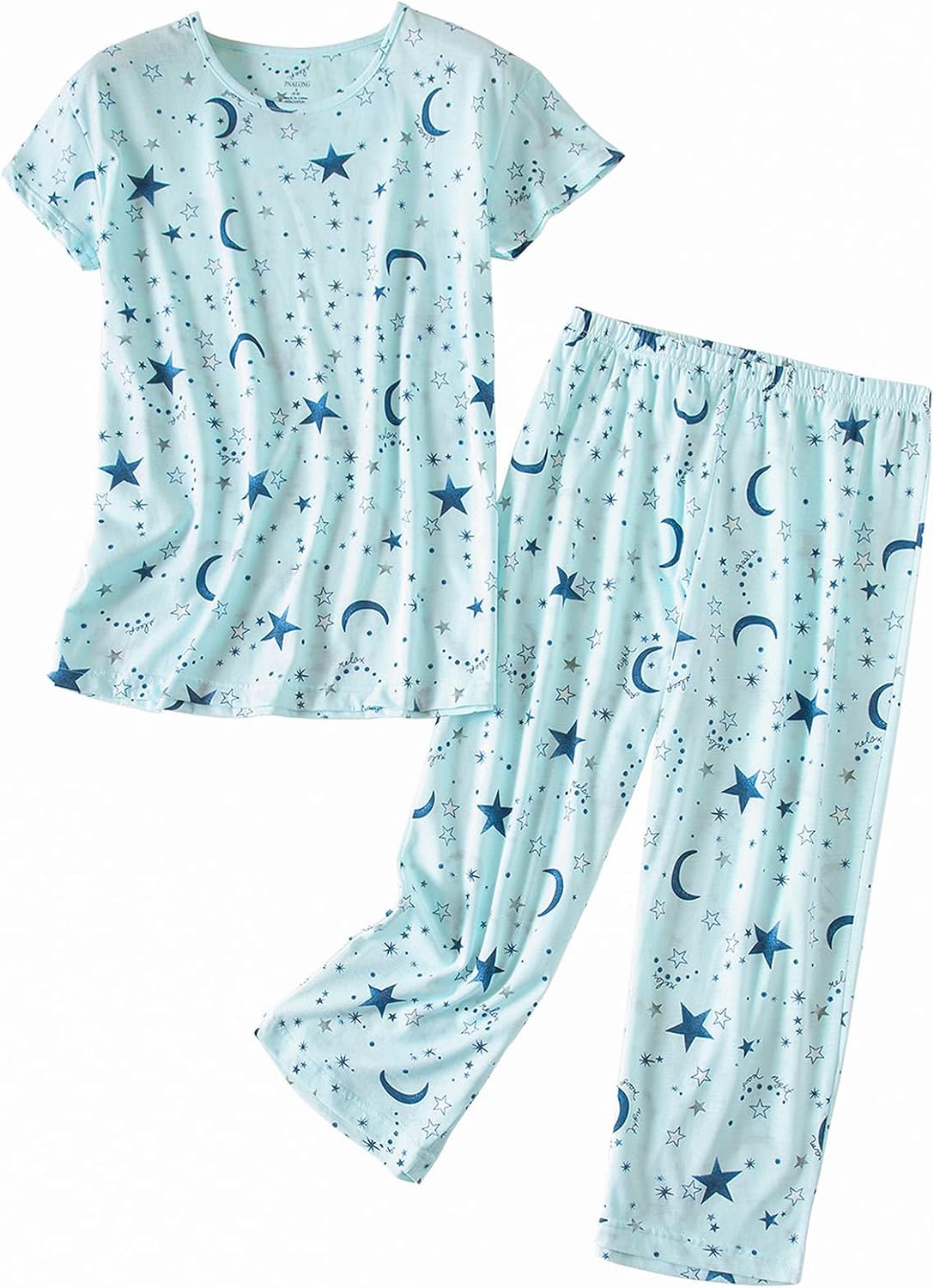 PNAEONG Womens Pajama Set Cotton Short Sleeve Top with Capri Pants Soft Pjs
