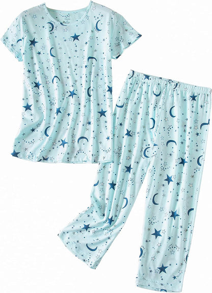PNAEONG Womens Pajama Set Cotton Short Sleeve Top with Capri Pants Soft Pjs