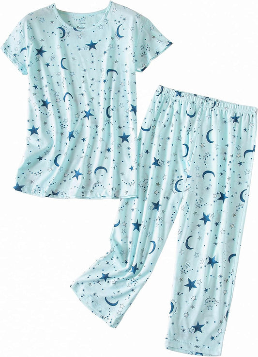 PNAEONG Womens Pajama Set Cotton Short Sleeve Top with Capri Pants Soft Pjs