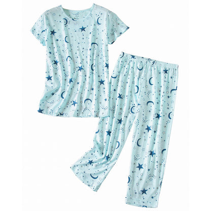 PNAEONG Womens Pajama Set Cotton Short Sleeve Top with Capri Pants Soft Pjs