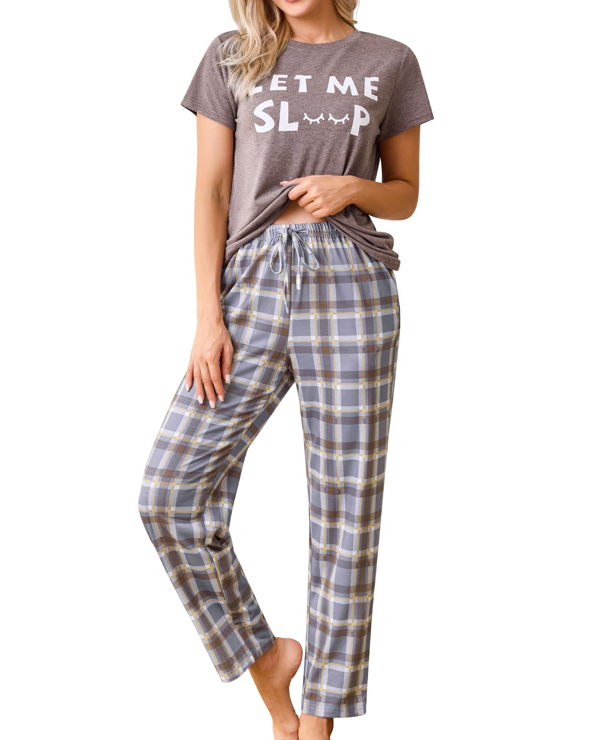 difficort Womens Pajama Sets Short Sleeve Long Pants Sleepwear with Pockets