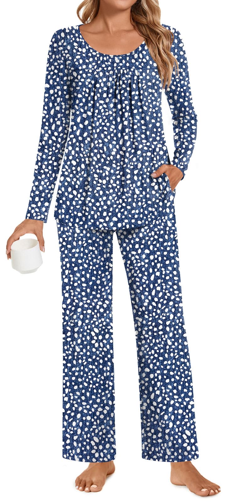 POPYOUNG Womens Pajama Set 2 Pieces Fall Pjs Comfy Sleepwear with Pockets