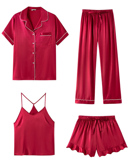 SAPJON Silk Satin 4 Piece Pajamas for Women Set, Camisole Lounge Ruffle Pjs