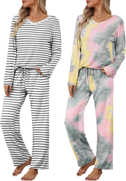 Ekouaer Women's 2 Pack Long Sleeve Pajama Sets V Neck Lounge Sets