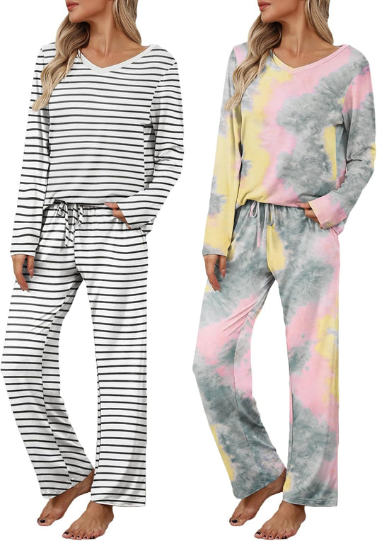 Ekouaer Women's 2 Pack Long Sleeve Pajama Sets V Neck Lounge Sets