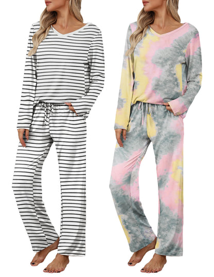 Ekouaer Women's 2 Pack Long Sleeve Pajama Sets V Neck Lounge Sets