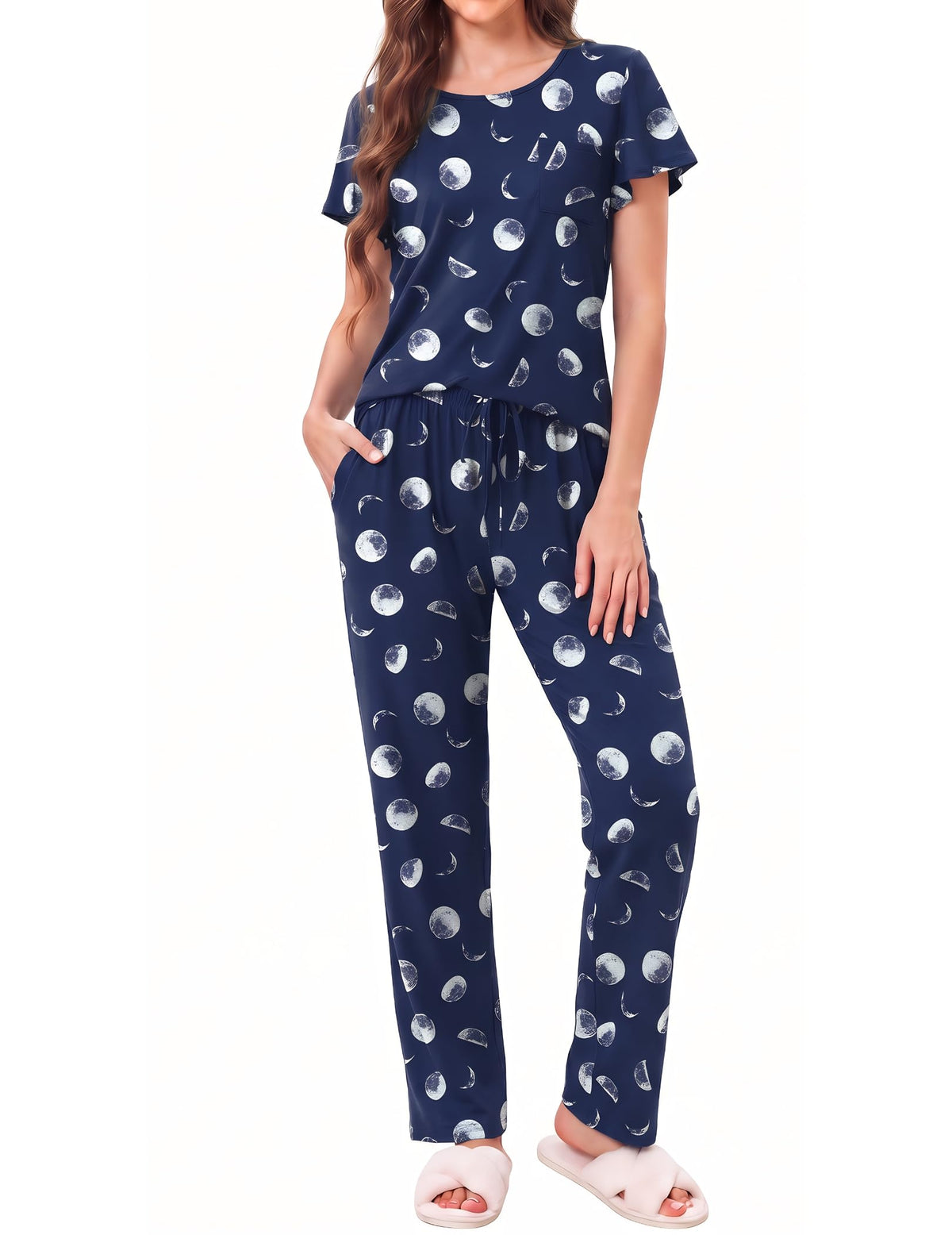 Ekouaer Pajamas for Women Set 2 Piece Comfy Loungewear, Lightweight Pjs Sleepwear, Short Sleeve Top & Long Pants with Pockets