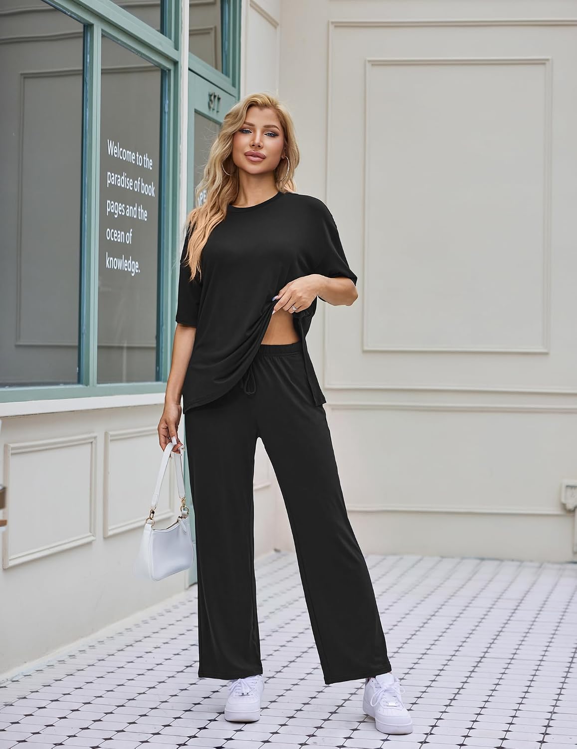 Ekouaer Women's Lounge Sets Short Sleeve Top Long Pants 2 Piece Outfit Set
