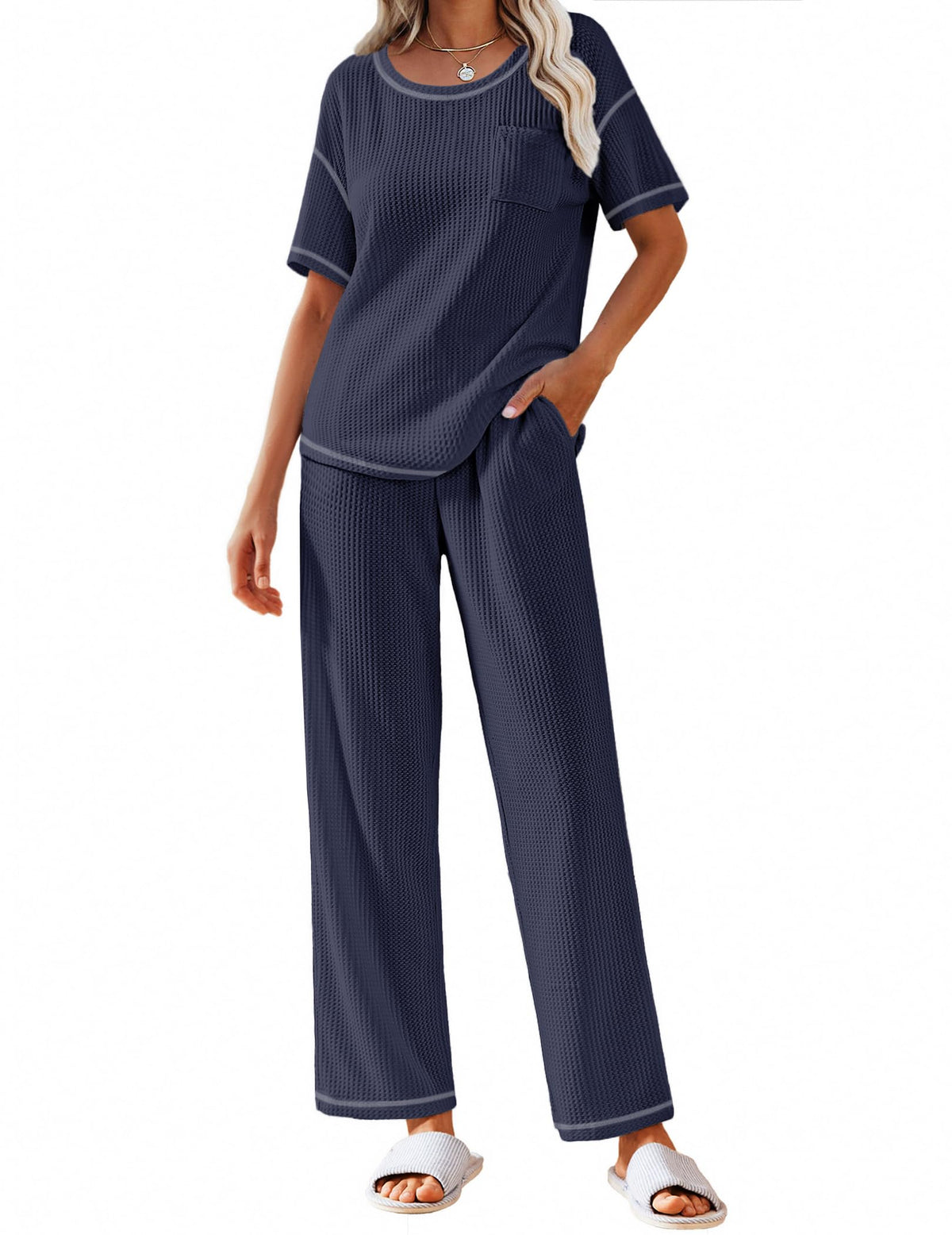 Ekouaer 2 Piece Summer Waffle Knit Lounge Sets For Women Short Sleeve Top and Long Pant Pajama Set Loungewear Pjs Set