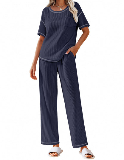 Ekouaer 2 Piece Summer Waffle Knit Lounge Sets For Women Short Sleeve Top and Long Pant Pajama Set Loungewear Pjs Set