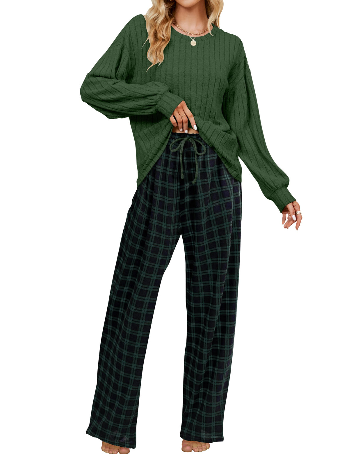 Blooming Jelly Women Ribbed Long Sleeve Pajama Sets Fall Loungewear Pockets