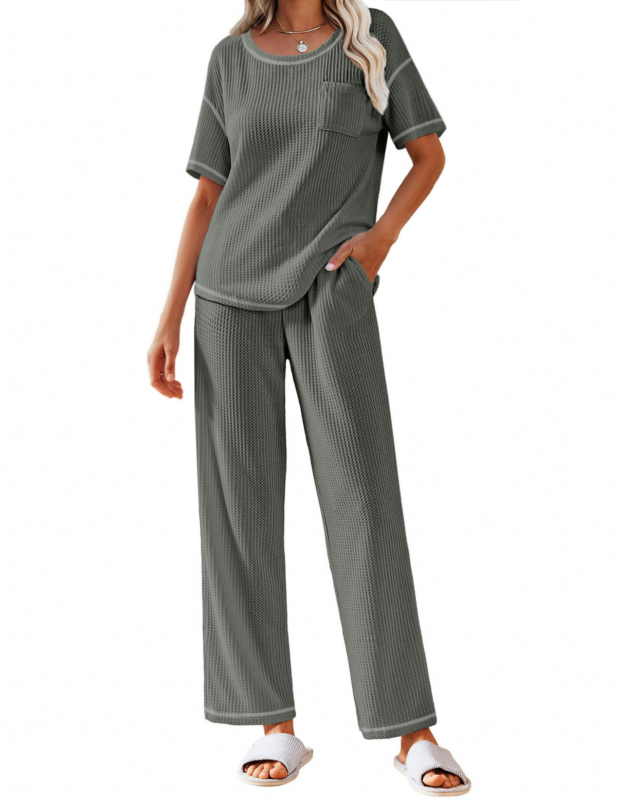 Ekouaer 2 Piece Summer Waffle Knit Lounge Sets For Women Short Sleeve Top and Long Pant Pajama Set Loungewear Pjs Set