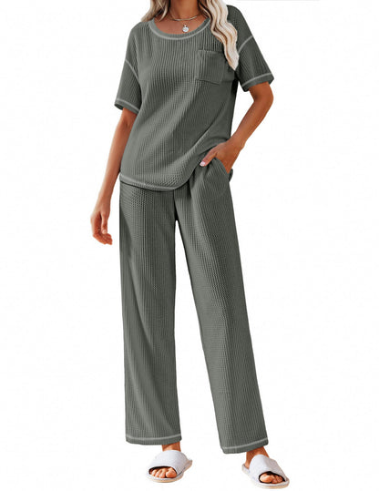 Ekouaer 2 Piece Summer Waffle Knit Lounge Sets For Women Short Sleeve Top and Long Pant Pajama Set Loungewear Pjs Set