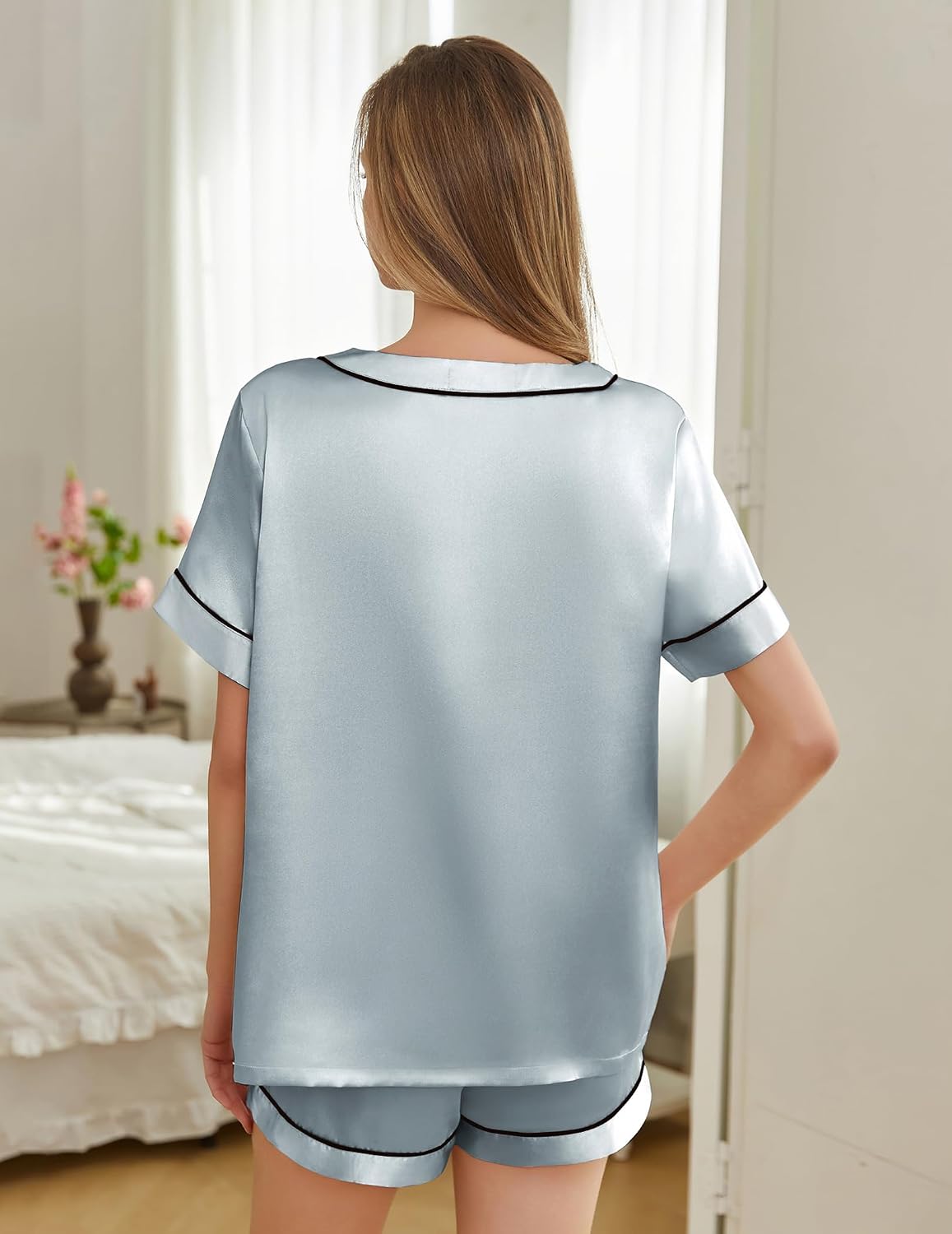 Silk Pajamas for Women Short Sleeve Satin 2 Piece Pj Set Soft V Neck Sleepwear Loungewear, S-XXL
