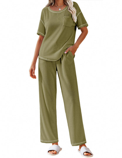 Ekouaer 2 Piece Summer Waffle Knit Lounge Sets For Women Short Sleeve Top and Long Pant Pajama Set Loungewear Pjs Set