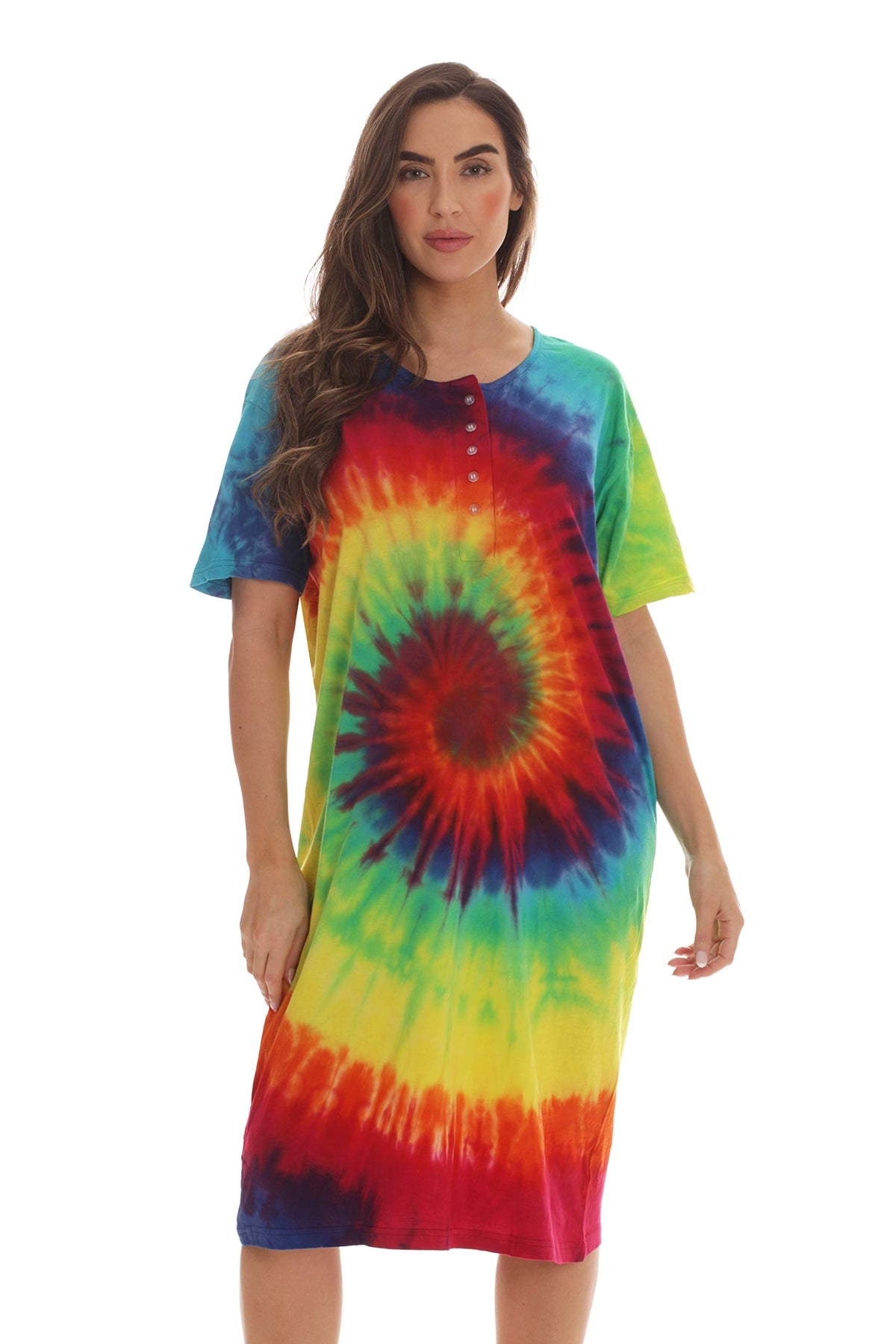 Just Love Women's Tie Dye Nightgown, 100% Cotton Short Sleeve Henley Sleep Shirt