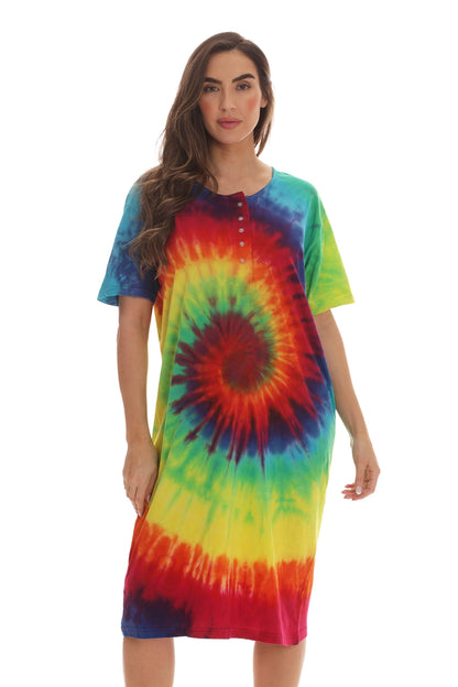 Just Love Women's Tie Dye Nightgown, 100% Cotton Short Sleeve Henley Sleep Shirt