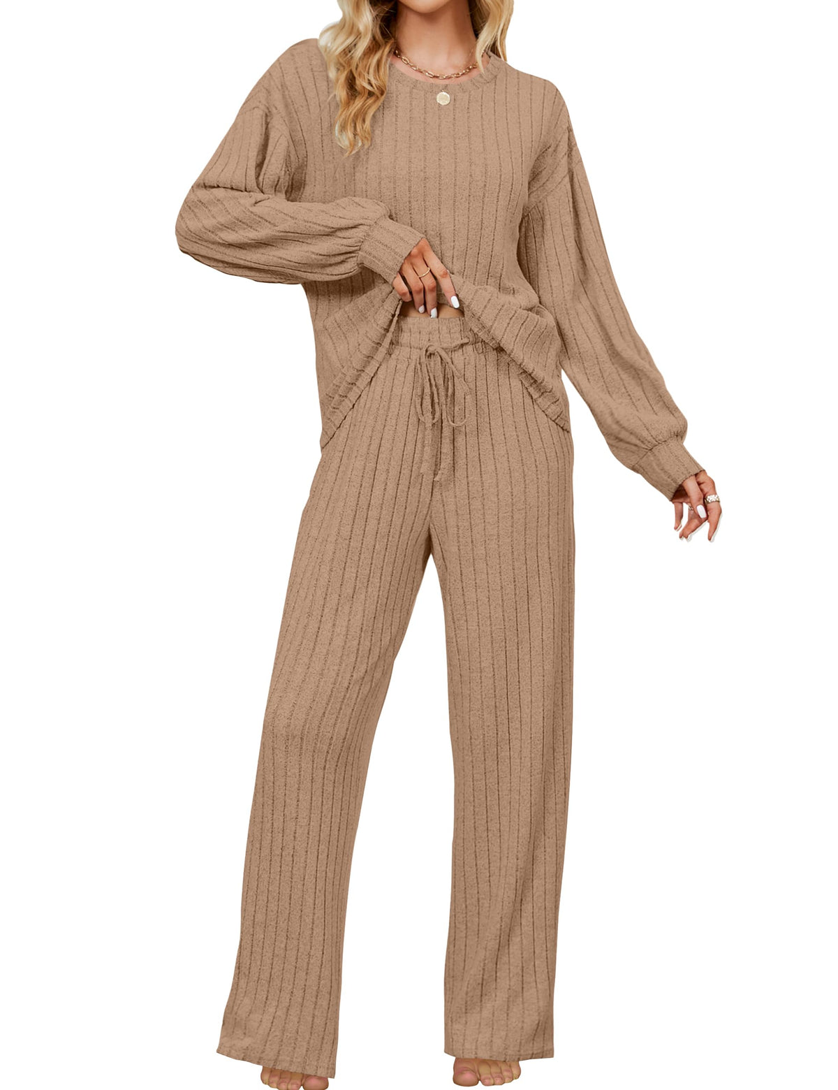 Blooming Jelly Women Ribbed Long Sleeve Pajama Sets Fall Loungewear Pockets
