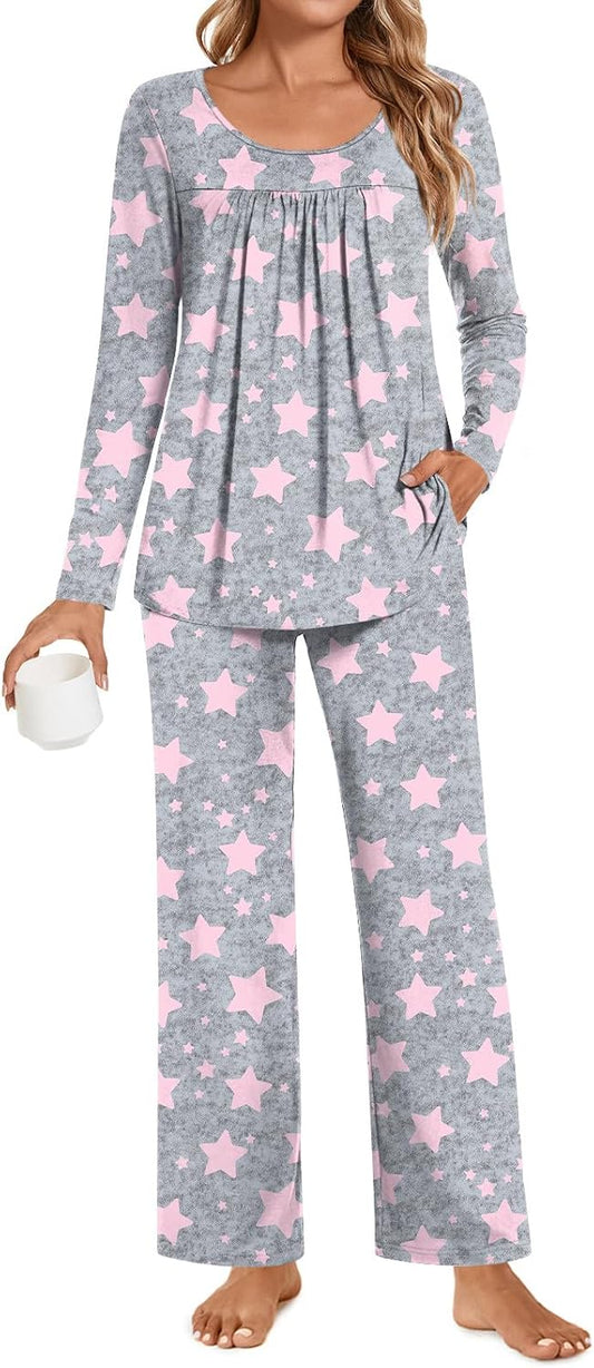 POPYOUNG Womens Pajama Set 2 Pieces Fall Pjs Comfy Sleepwear with Pockets