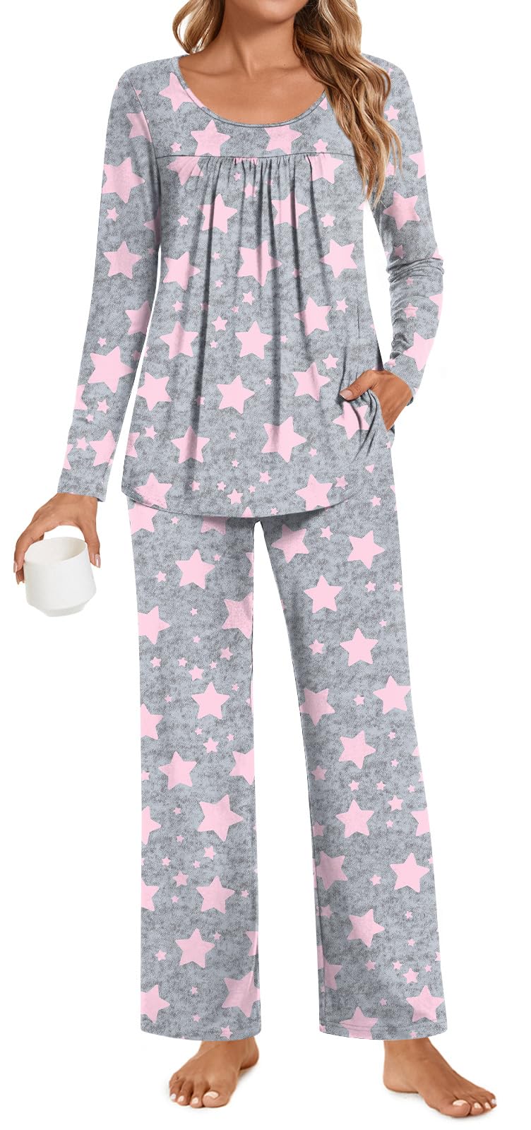 POPYOUNG Womens Pajama Set 2 Pieces Fall Pjs Comfy Sleepwear with Pockets