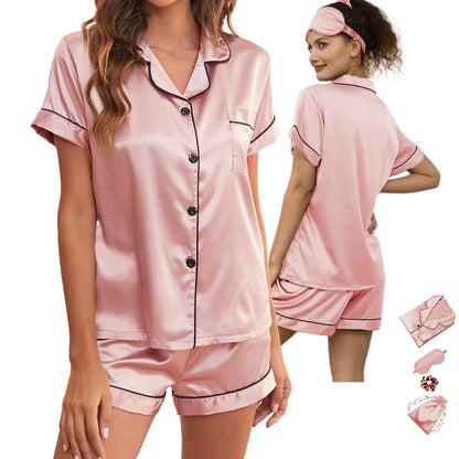 WJing Yi Jia 5Pcs Womens Soft Satin Pajama Set XS-4XL Button-Down Silk Pajamas Floral Sleepwear Bridal Pjs Lounge Pj Sets