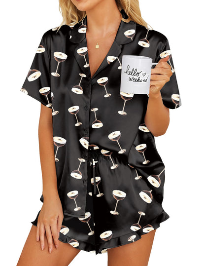 Ekouaer Womens Satin Pajamas Set Button Down 2 Piece Silk Pjs Shorts Set Ruffle Lingerie Notch Collar Sleepwear