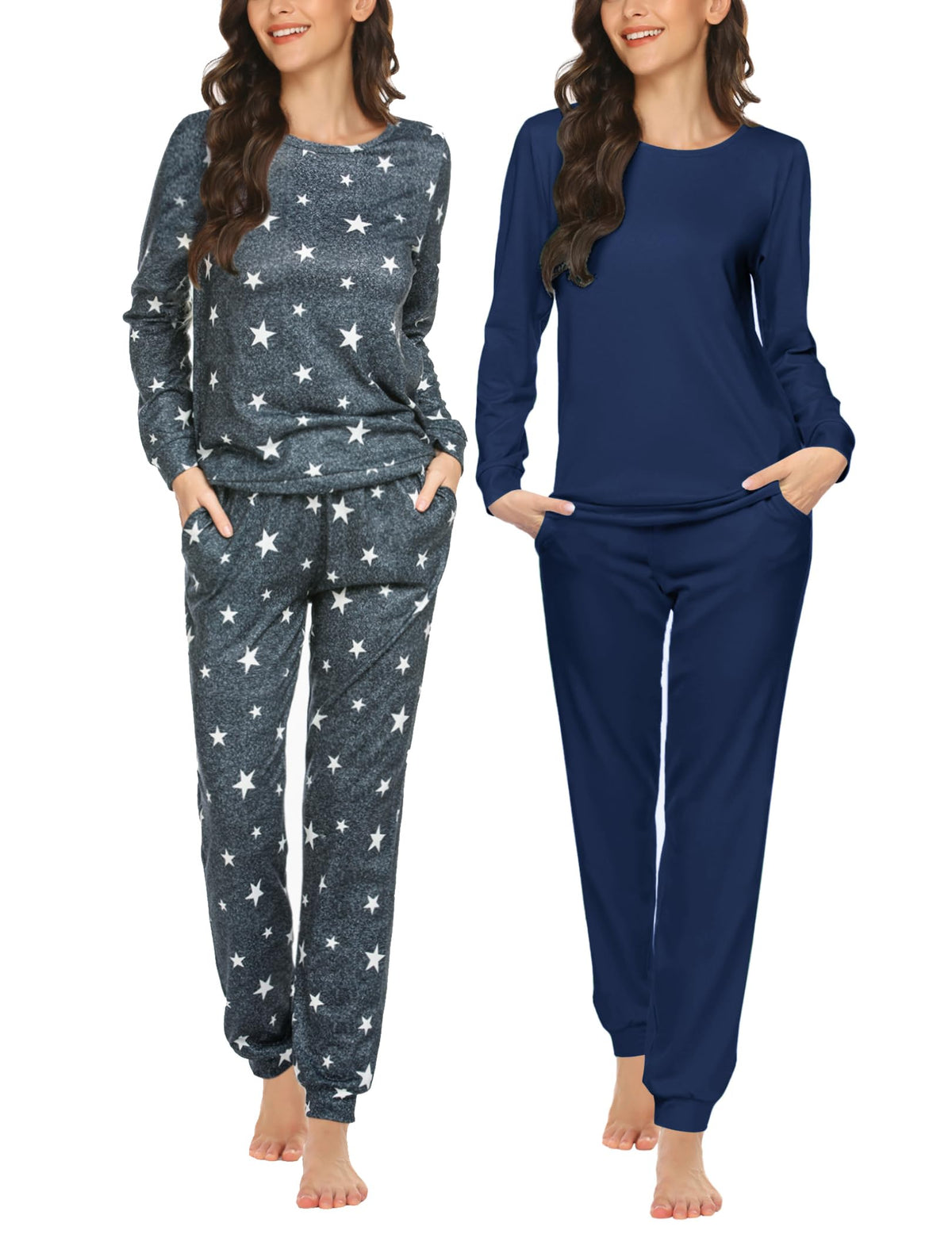 Ekouaer 2 Pack Pajama Sets for Women,Long Sleeve Top Jogger Pant Loungewear