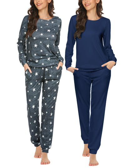 Ekouaer 2 Pack Pajama Sets for Women,Long Sleeve Top Jogger Pant Loungewear