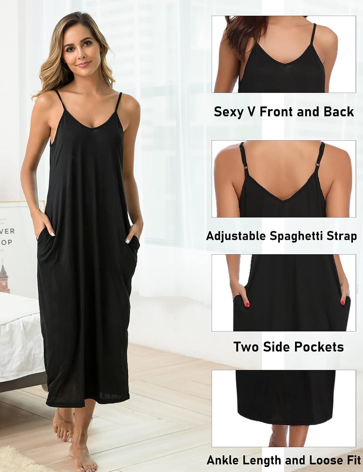 Marvmys Women's Cotton Long Nightgowns Sleeveless Sleep Dress with Pockets
