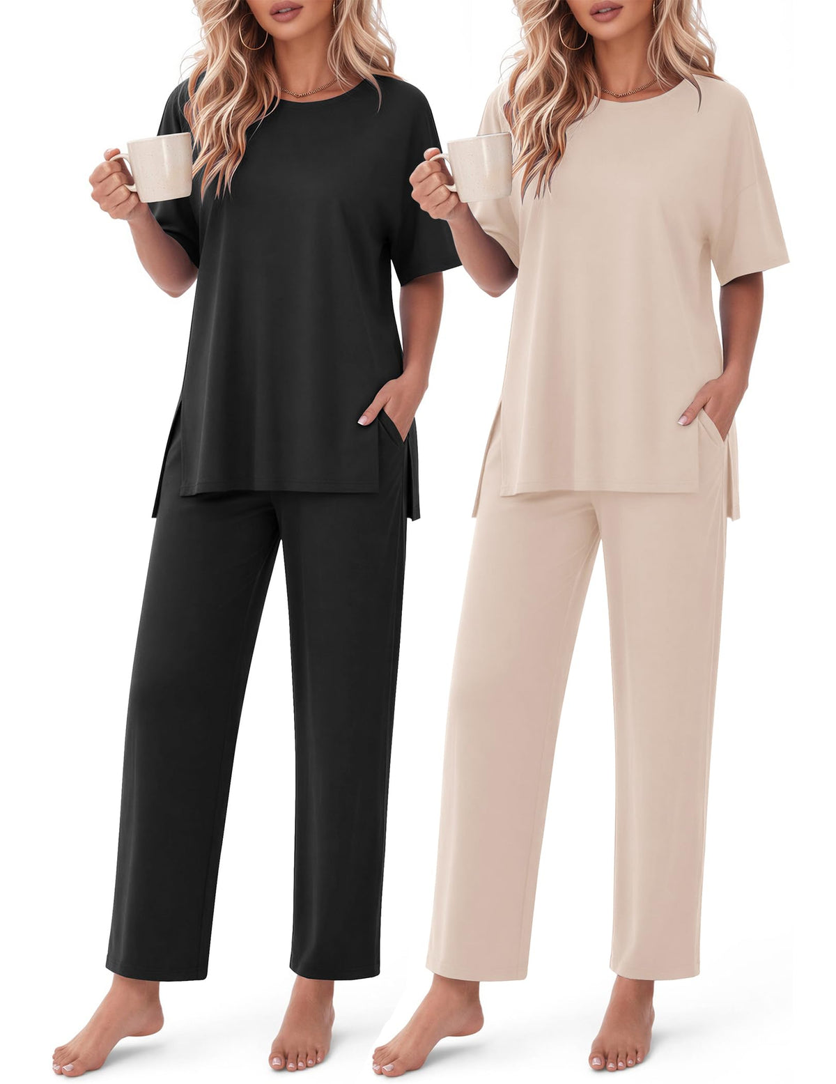 Ekouaer Women's Lounge Sets Short Sleeve Top Long Pants 2 Piece Outfit Set