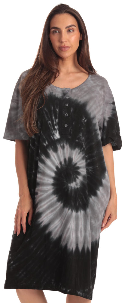Just Love Women's Tie Dye Nightgown, 100% Cotton Short Sleeve Henley Sleep Shirt