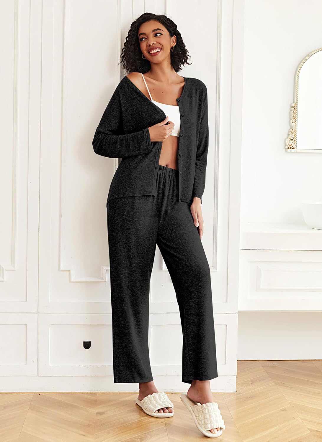 Ekouaer Womens Pajama Sets Button Up Long Sleeve Lounge Set Soft V Neck Pj
