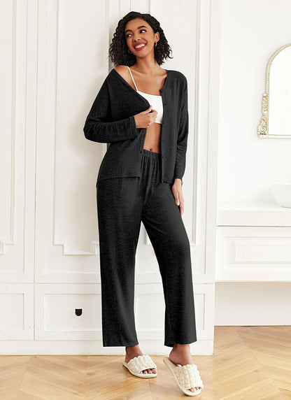 Ekouaer Womens Pajama Sets Button Up Long Sleeve Lounge Set Soft V Neck Pj