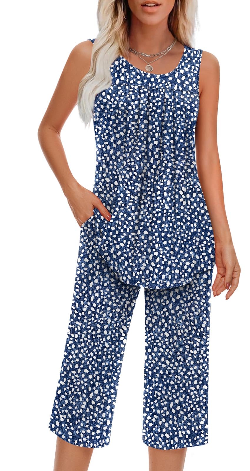 Findsweet Women Pajamas Sets Loungewear Soft Sleepwear Two Piece Summer Sleeveless Pjs Tank Top Pants with Pocket S-4XL