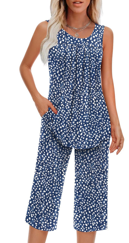 Findsweet Women Pajamas Sets Loungewear Soft Sleepwear Two Piece Summer Sleeveless Pjs Tank Top Pants with Pocket S-4XL