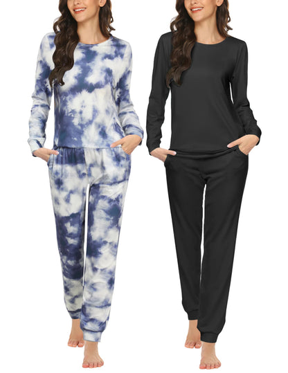 Ekouaer 2 Pack Pajama Sets for Women,Long Sleeve Top Jogger Pant Loungewear